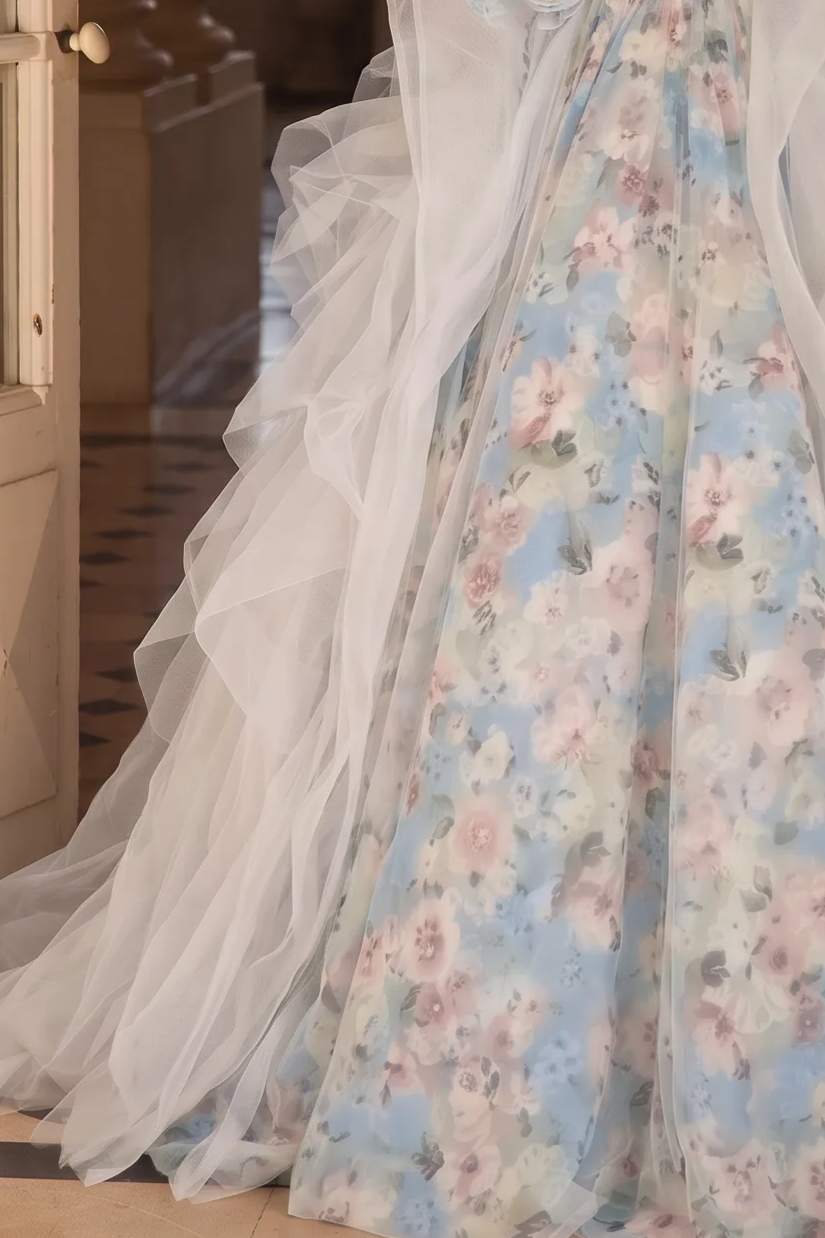 Blue Fairytale Floral Evening Dress with Oversized Bow – Off the Shoulder Evening Dress with Corset Back Plus Size