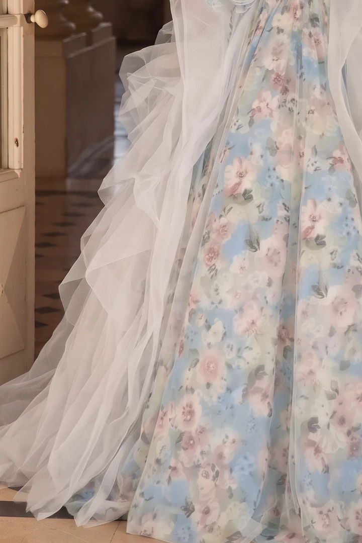 Blue Fairytale Floral Evening Dress with Oversized Bow – Off the Shoulder Evening Dress with Corset Back Plus Size