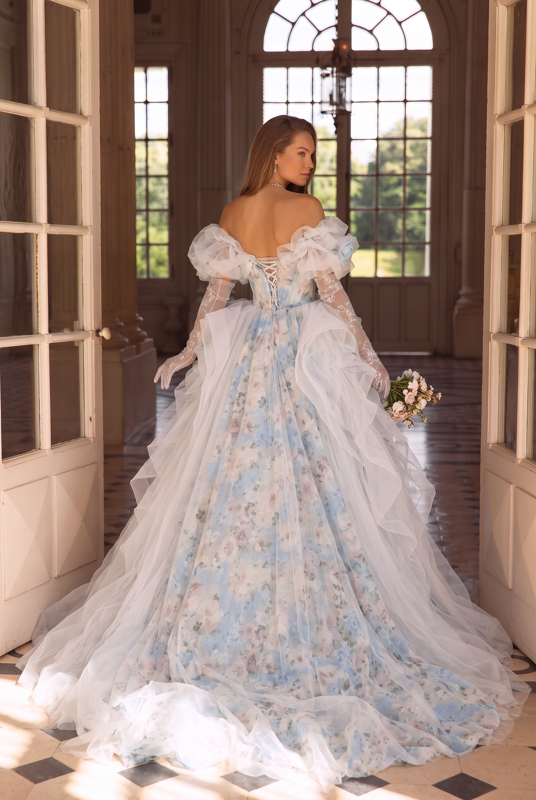 Blue Fairytale Floral Evening Dress with Oversized Bow – Off the Shoulder Evening Dress with Corset Back Plus Size