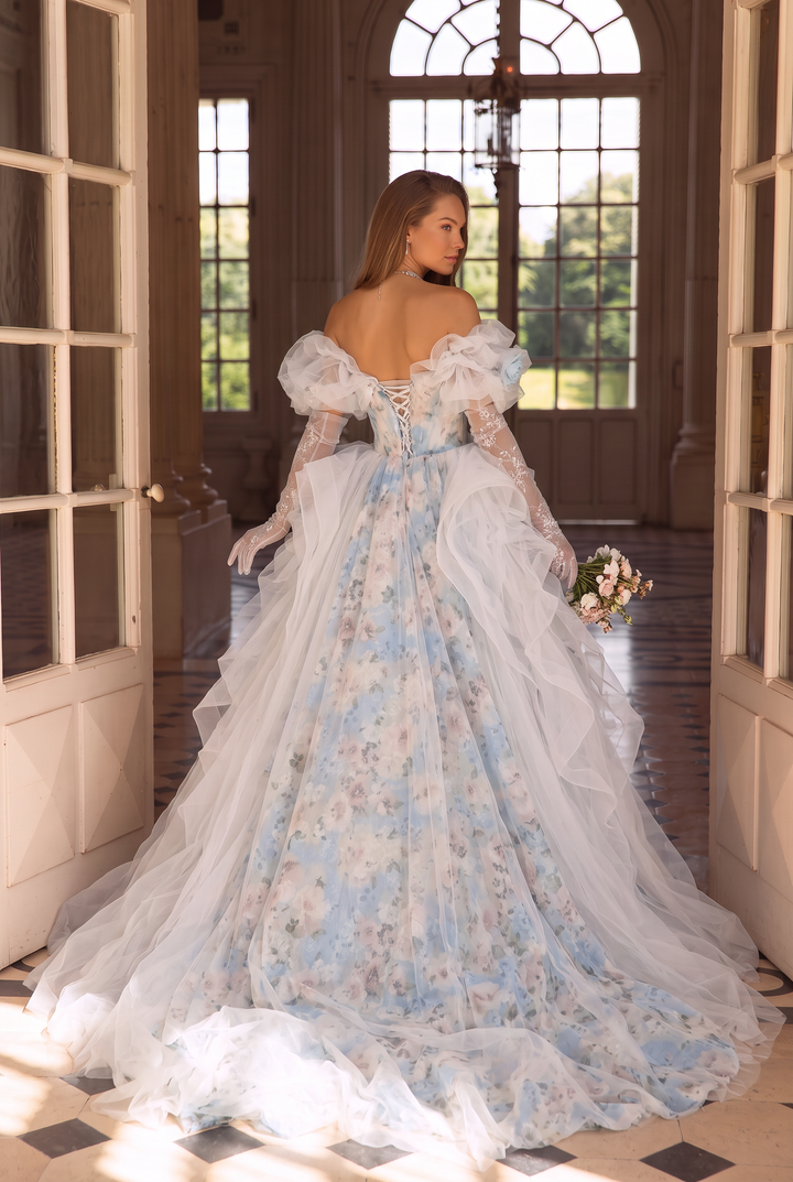 Blue Fairytale Floral Evening Dress with Oversized Bow – Off the Shoulder Evening Dress with Corset Back Plus Size