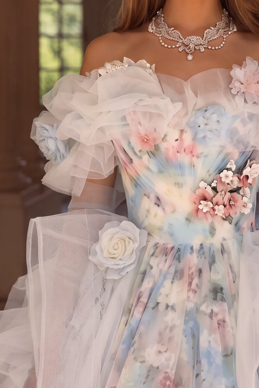 Blue Fairytale Floral Evening Dress with Oversized Bow – Off the Shoulder Evening Dress with Corset Back Plus Size