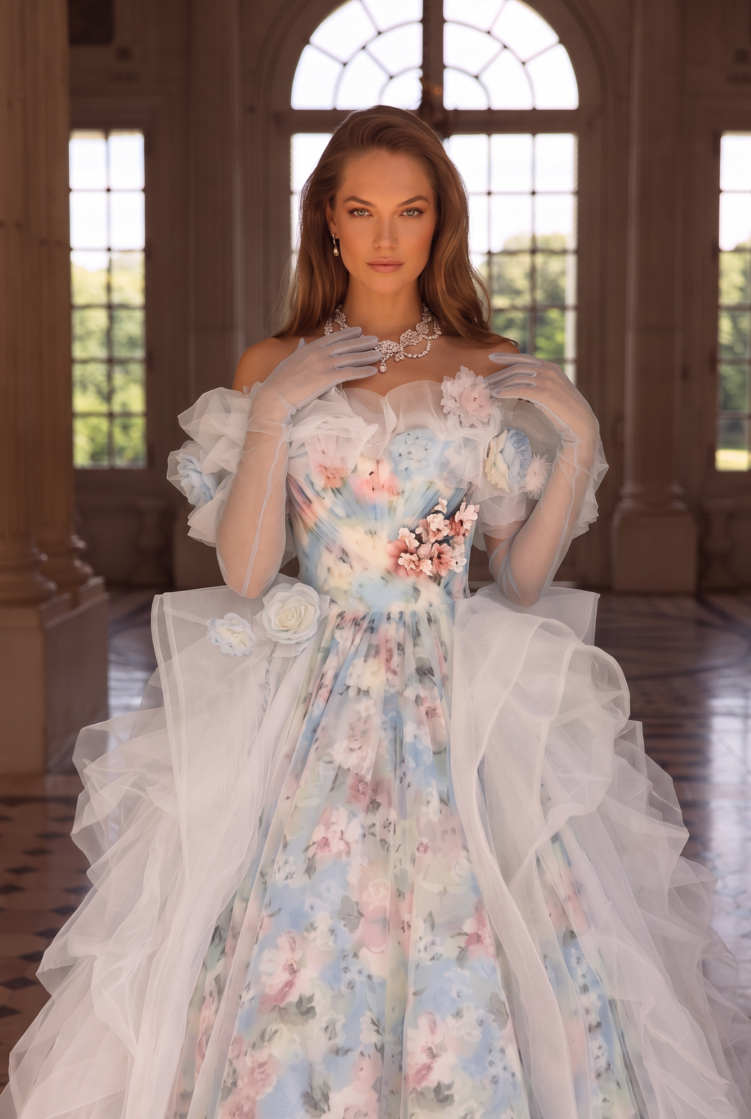 Blue Fairytale Floral Evening Dress with Oversized Bow – Off the Shoulder Evening Dress with Corset Back Plus Size