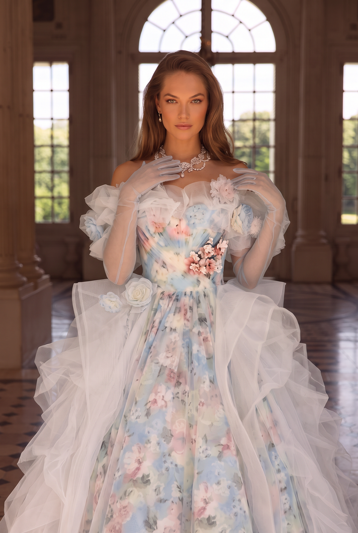 Blue Fairytale Floral Evening Dress with Oversized Bow – Off the Shoulder Evening Dress with Corset Back Plus Size