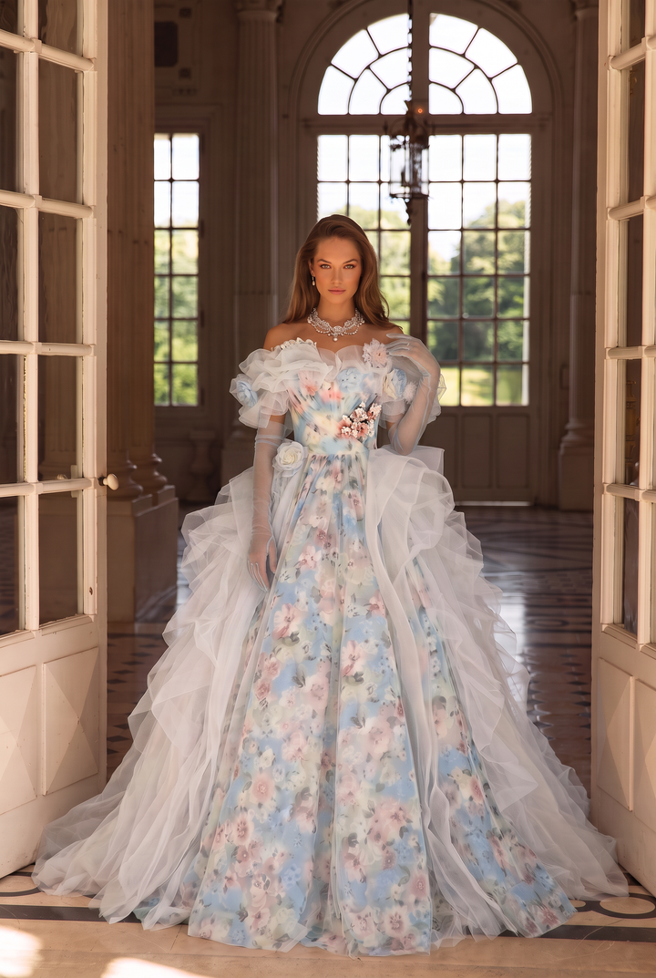 Blue Fairytale Floral Evening Dress with Oversized Bow – Off the Shoulder Evening Dress with Corset Back Plus Size