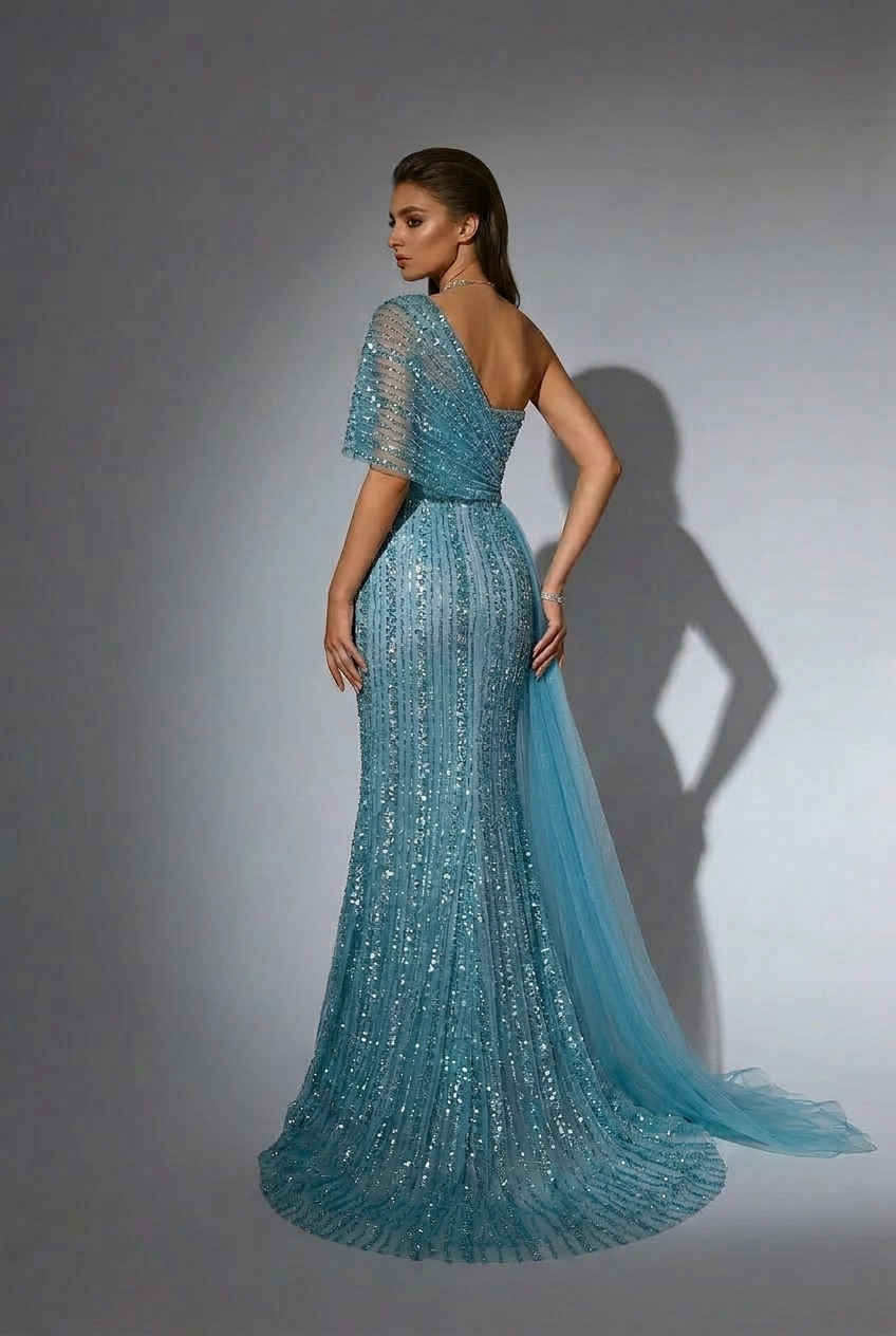 Blue Off-Shoulder Sequin Evening Gown – Sparkly Maxi Dress with Slit and Tulle Train Plus Size