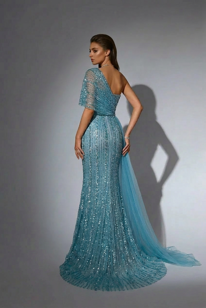 Blue Off-Shoulder Sequin Evening Gown – Sparkly Maxi Dress with Slit and Tulle Train Plus Size