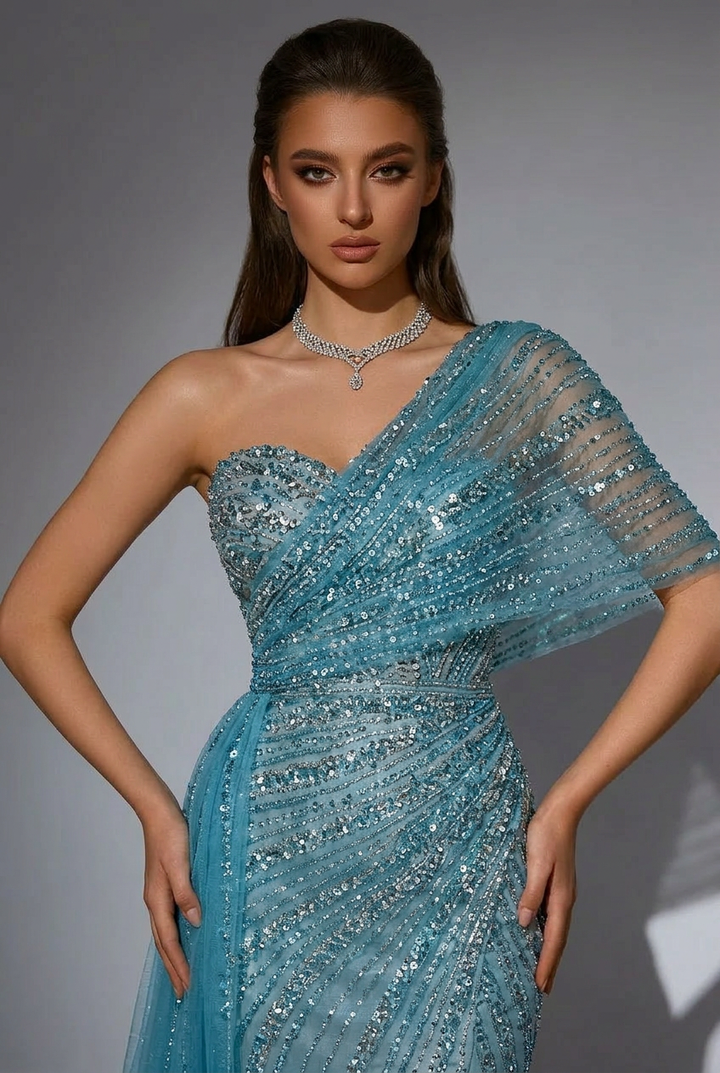 Blue Off-Shoulder Sequin Evening Gown – Sparkly Maxi Dress with Slit and Tulle Train Plus Size