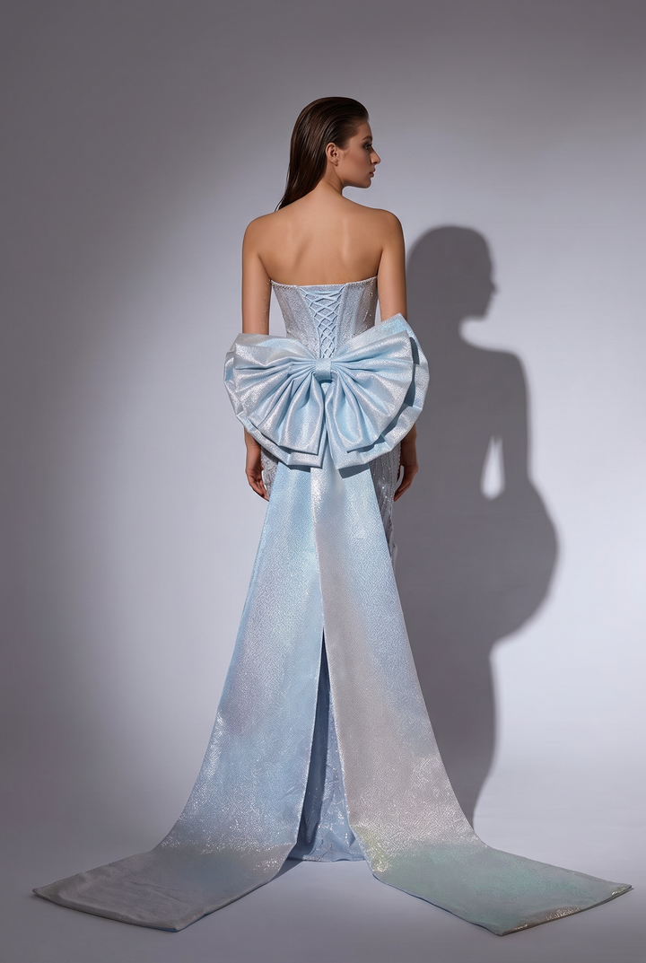 Blue Strapless Evening Dress with Glitter Accents – Designer Sequin Gown with Embellished Details – Sparkly Maxi Dress Plus Size