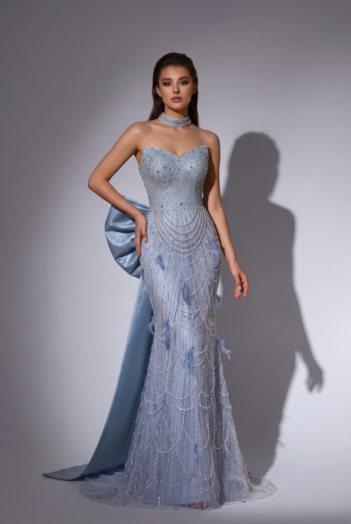 Blue Strapless Evening Dress with Glitter Accents – Designer Sequin Gown with Embellished Details – Sparkly Maxi Dress Plus Size