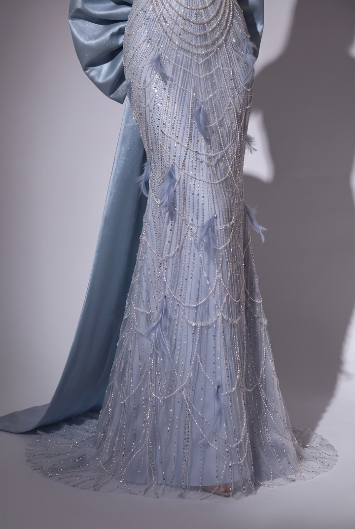 Blue Strapless Evening Dress with Glitter Accents – Designer Sequin Gown with Embellished Details – Sparkly Maxi Dress Plus Size