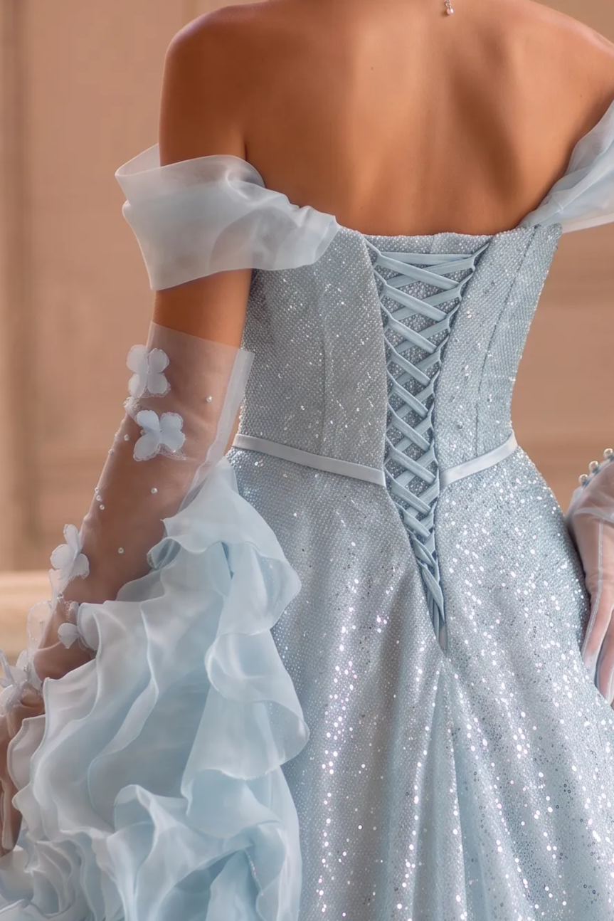 Blue Strapless Layered Tulle Ruffle Dress with Floral Appliqué – Sparkly Sequin Evening Dress with Corset Plus Size