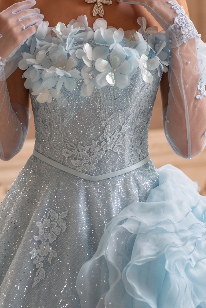 Blue Strapless Layered Tulle Ruffle Dress with Floral Appliqué – Sparkly Sequin Evening Dress with Corset Plus Size
