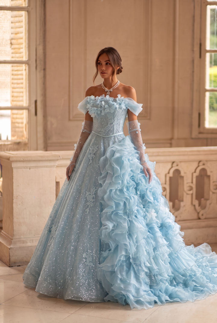 Blue Strapless Layered Tulle Ruffle Dress with Floral Appliqué – Sparkly Sequin Evening Dress with Corset Plus Size