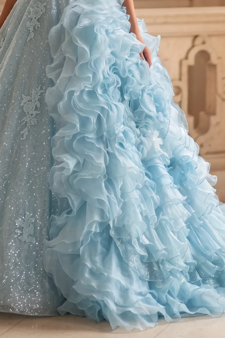 Blue Strapless Layered Tulle Ruffle Dress with Floral Appliqué – Sparkly Sequin Evening Dress with Corset Plus Size
