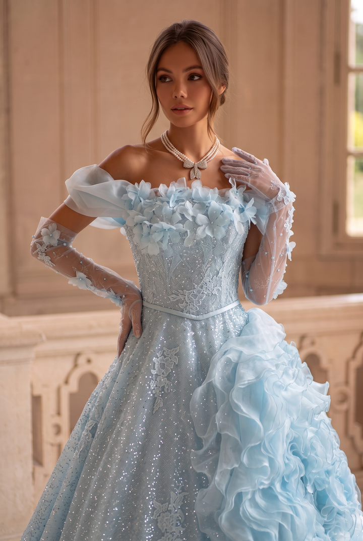 Blue Strapless Layered Tulle Ruffle Dress with Floral Appliqué – Sparkly Sequin Evening Dress with Corset Plus Size