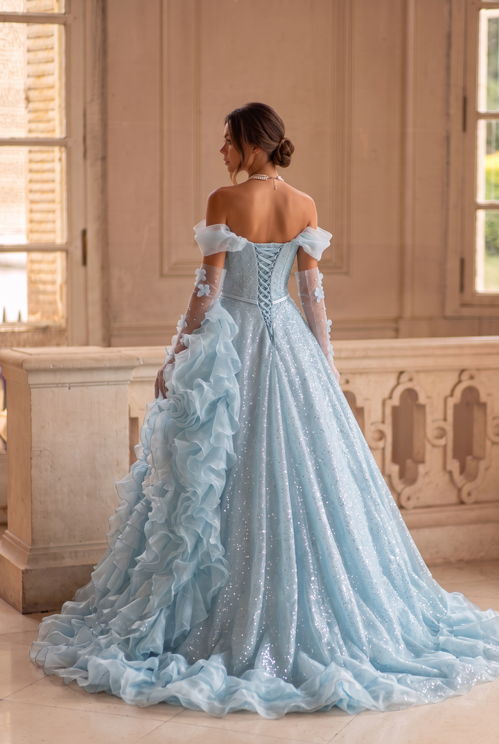 Blue Strapless Layered Tulle Ruffle Dress with Floral Appliqué – Sparkly Sequin Evening Dress with Corset Plus Size
