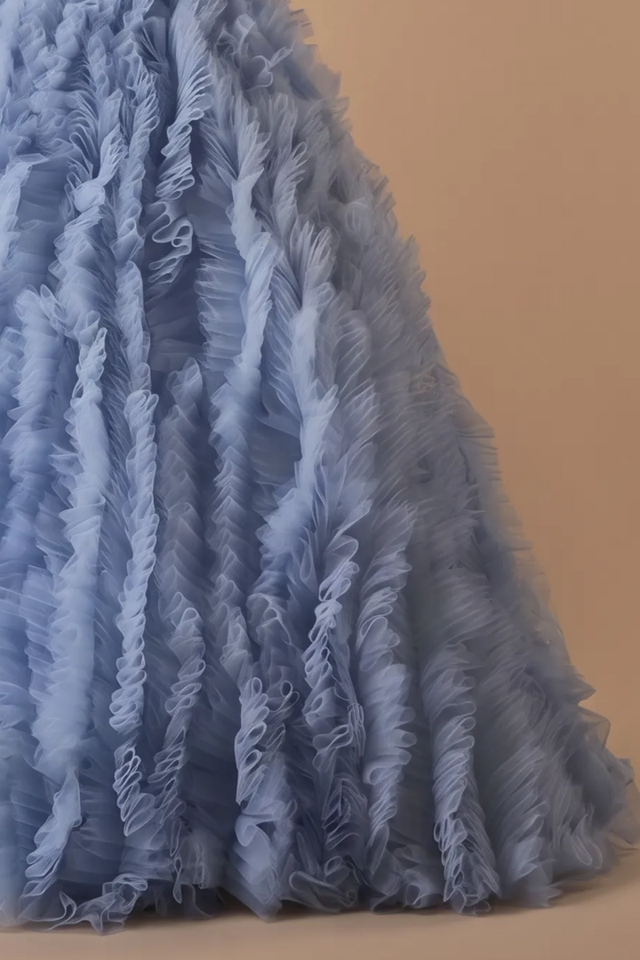 Blue Tiered Tulle Ball Gown with  Asymmetrical Neckline - Corset Tulle Dress with Layered Ruffle Skirt - Layered Tulle Ruffle Dress Plus Size