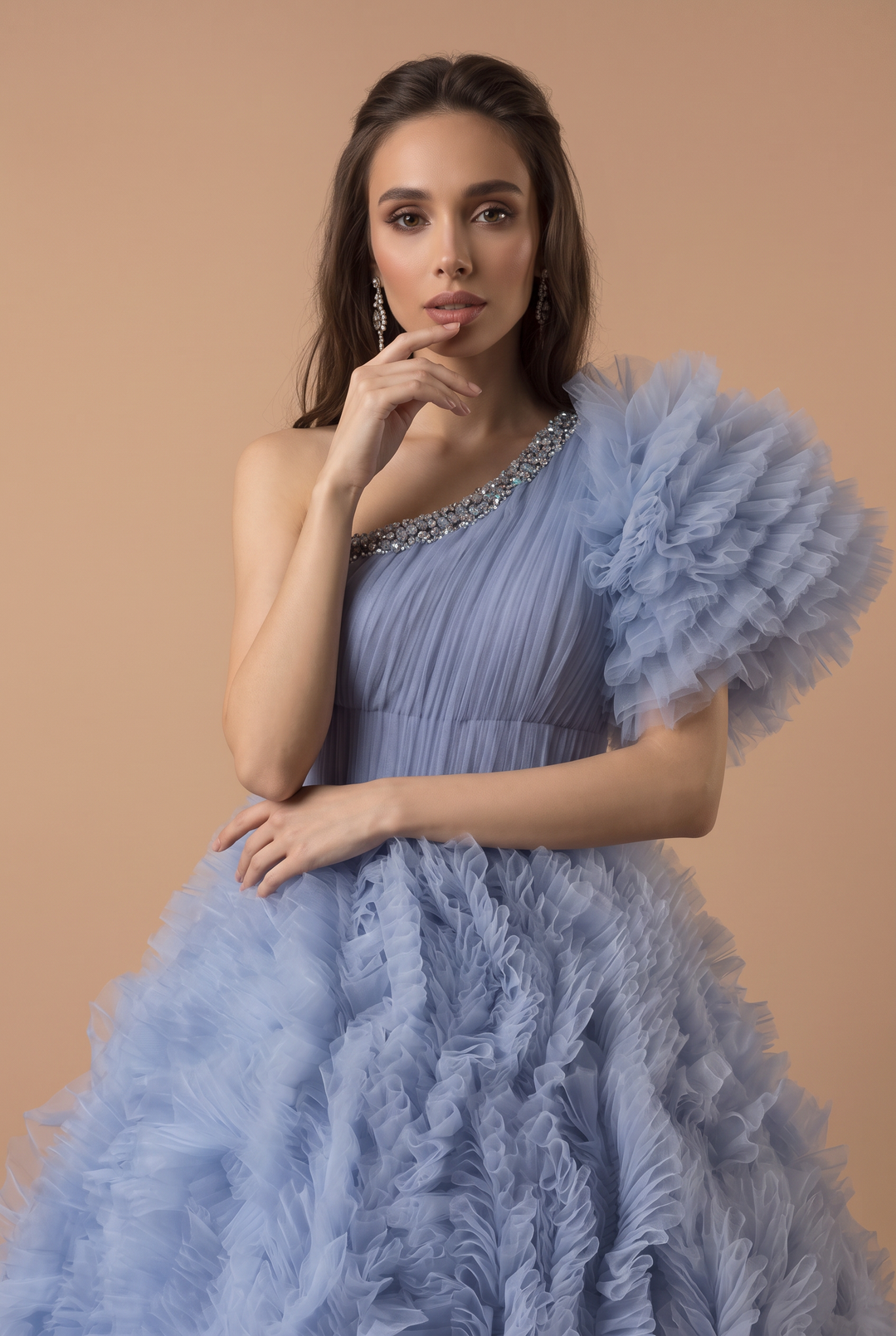 Blue Tiered Tulle Ball Gown with  Asymmetrical Neckline - Corset Tulle Dress with Layered Ruffle Skirt - Layered Tulle Ruffle Dress Plus Size