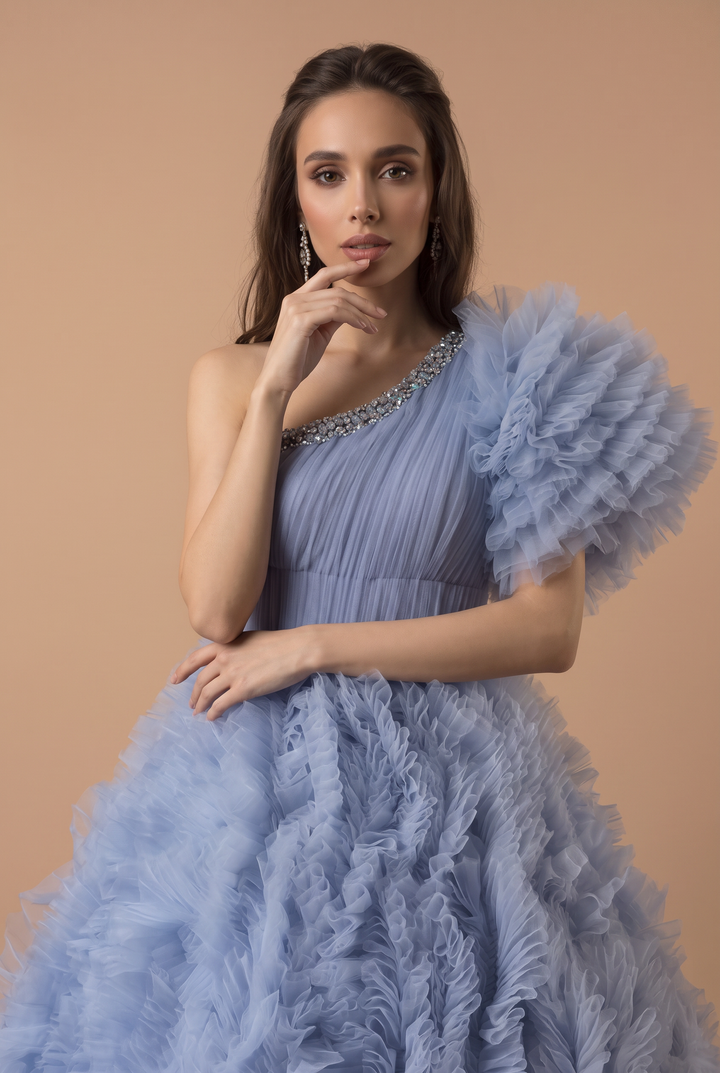 Blue Tiered Tulle Ball Gown with  Asymmetrical Neckline - Corset Tulle Dress with Layered Ruffle Skirt - Layered Tulle Ruffle Dress Plus Size