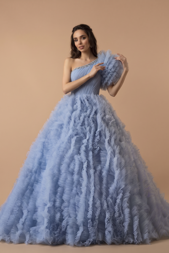 Blue Tiered Tulle Ball Gown with  Asymmetrical Neckline - Corset Tulle Dress with Layered Ruffle Skirt - Layered Tulle Ruffle Dress Plus Size