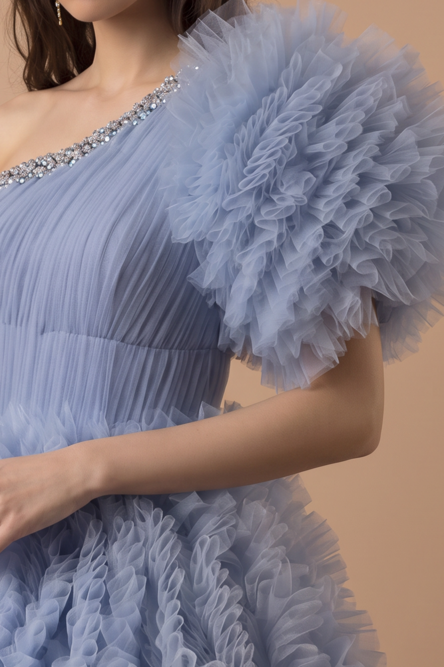 Blue Tiered Tulle Ball Gown with  Asymmetrical Neckline - Corset Tulle Dress with Layered Ruffle Skirt - Layered Tulle Ruffle Dress Plus Size