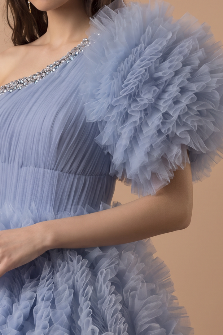 Blue Tiered Tulle Ball Gown with  Asymmetrical Neckline - Corset Tulle Dress with Layered Ruffle Skirt - Layered Tulle Ruffle Dress Plus Size