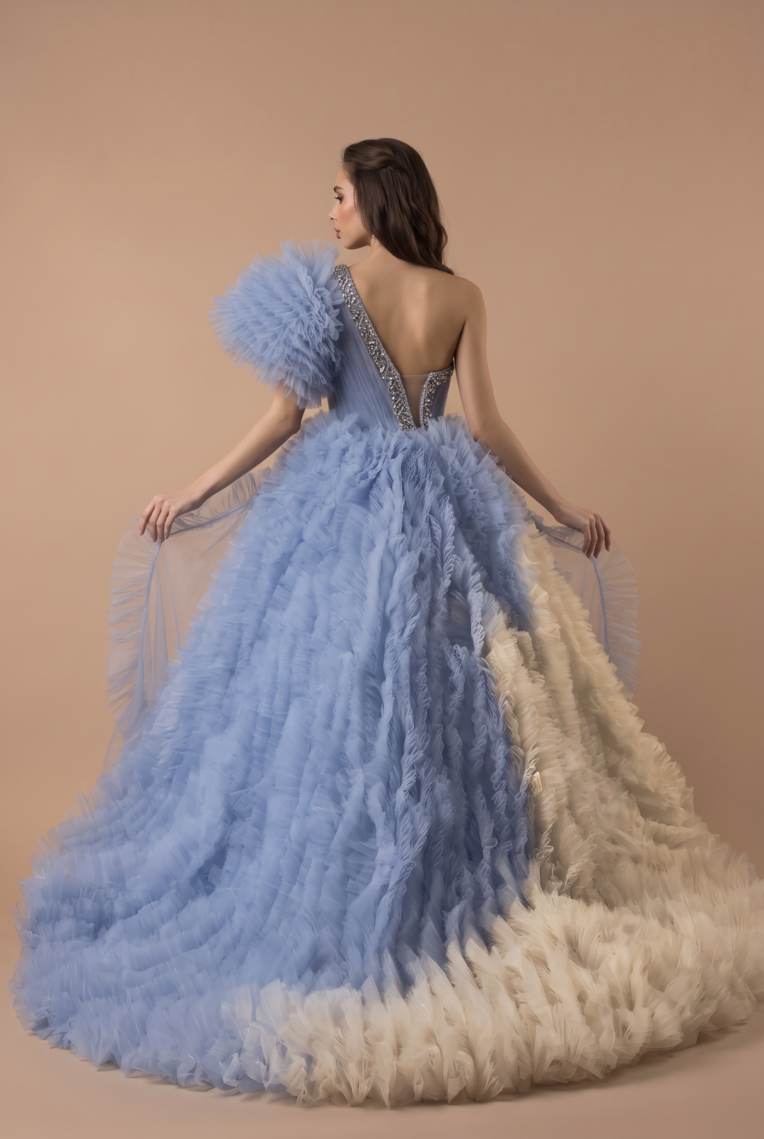 Blue Tiered Tulle Ball Gown with  Asymmetrical Neckline - Corset Tulle Dress with Layered Ruffle Skirt - Layered Tulle Ruffle Dress Plus Size