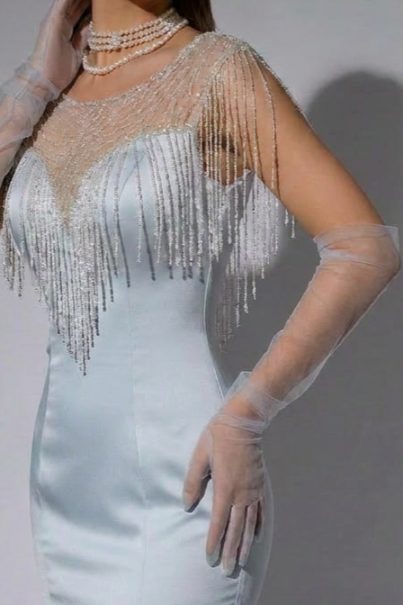 Blue V-neck Mermaid Evening Gown With Crystal Chain - Formal Dress  Plus Size