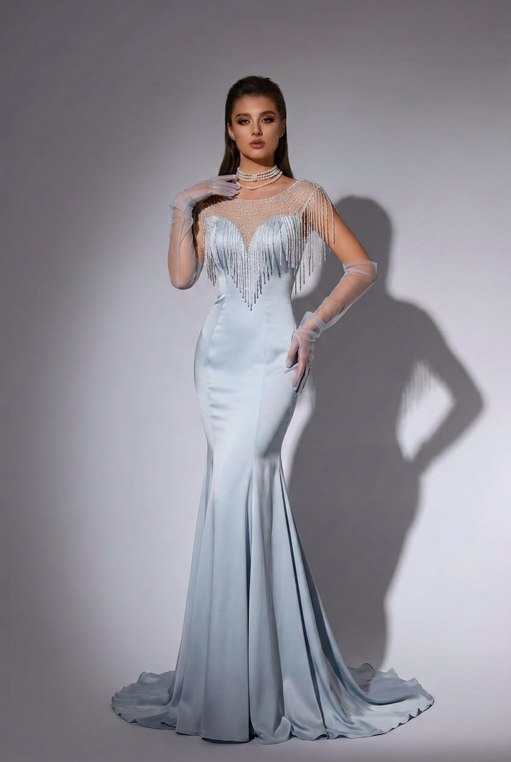 Blue V-neck Mermaid Evening Gown With Crystal Chain - Formal Dress  Plus Size