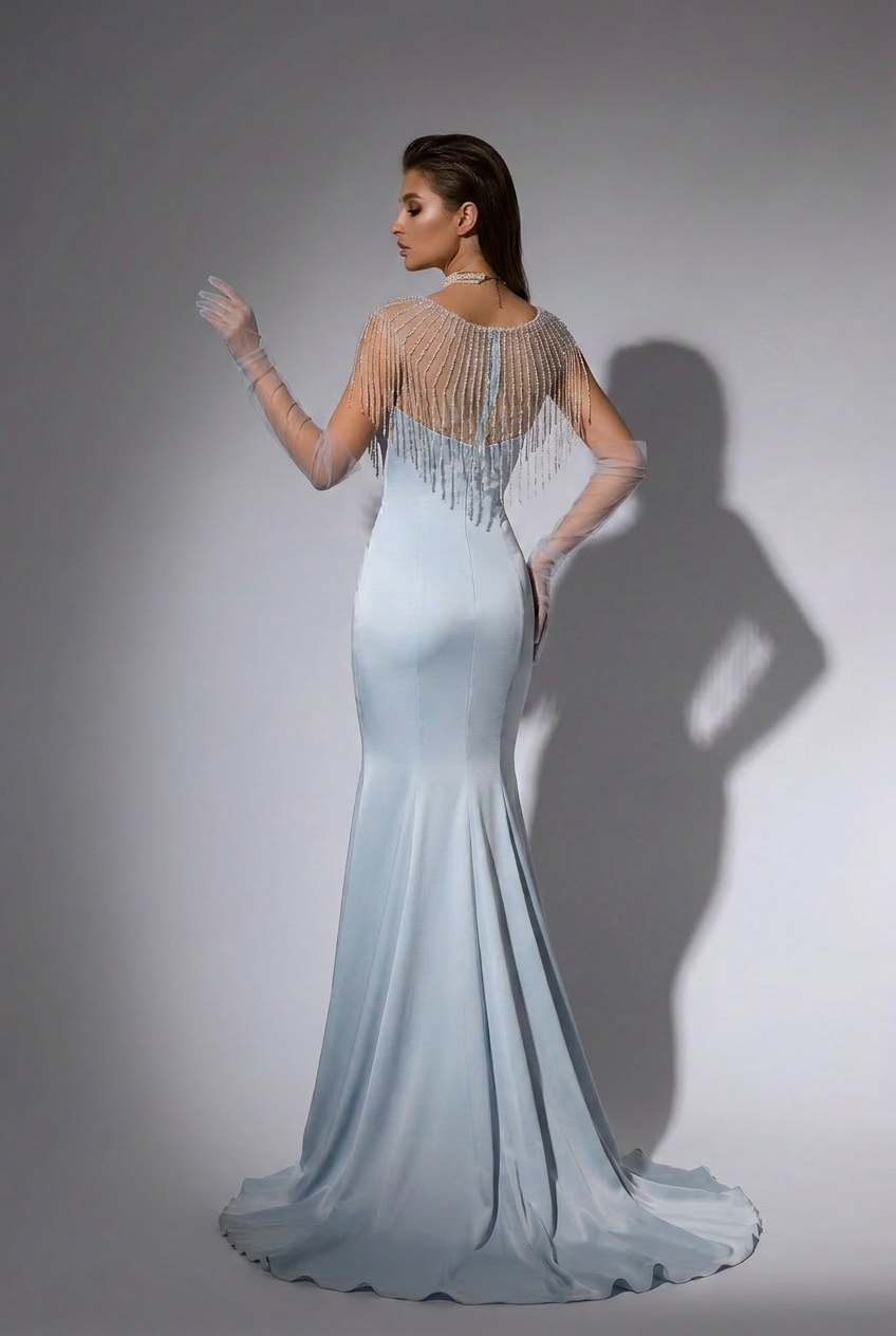 Blue V-neck Mermaid Evening Gown With Crystal Chain - Formal Dress  Plus Size