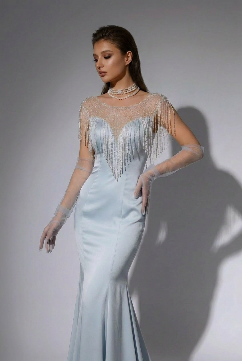 Blue V-neck Mermaid Evening Gown With Crystal Chain - Formal Dress  Plus Size