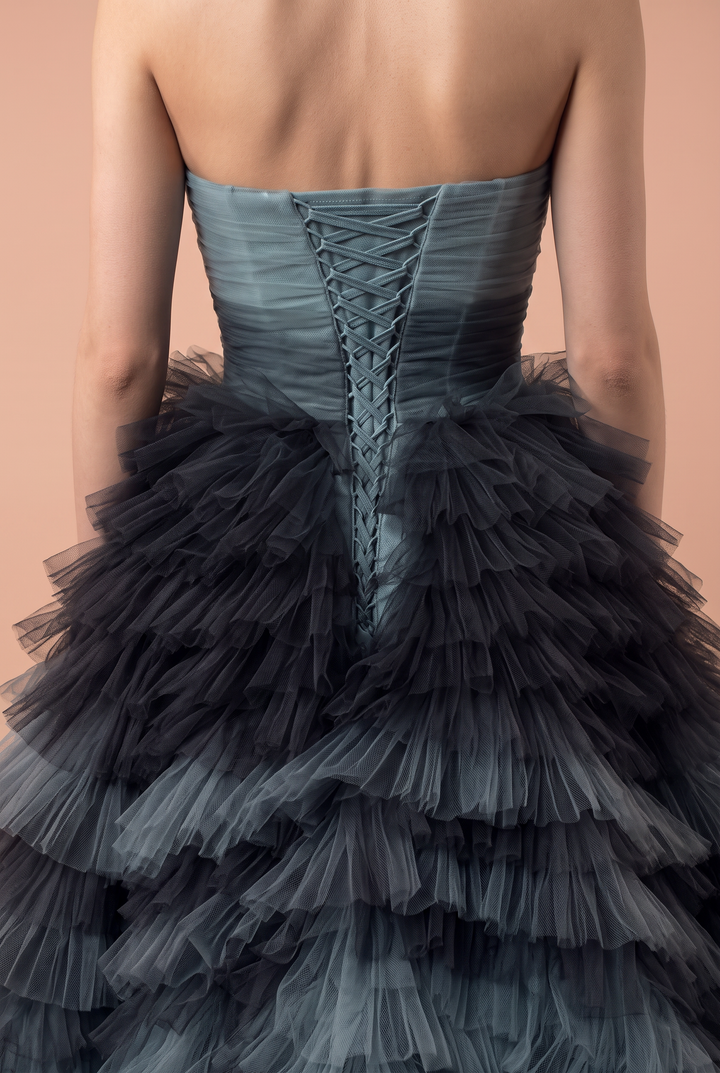 Blue and Grey Layered Tulle Party Dress - Strapless Wedding Dress Plus Size