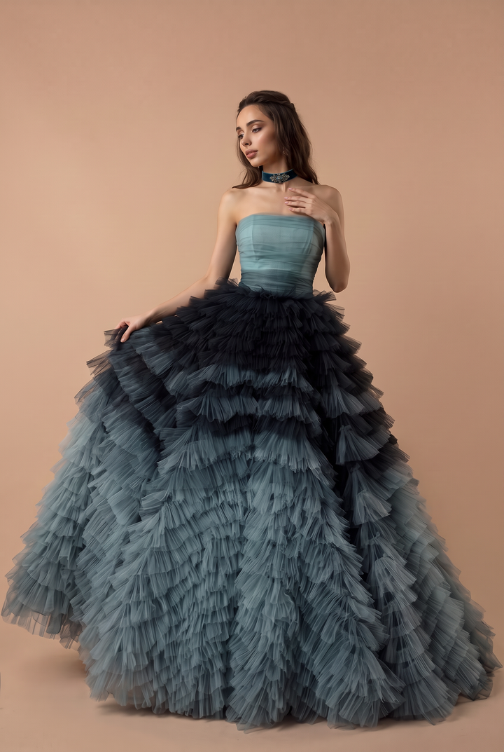 Blue and Grey Layered Tulle Party Dress - Strapless Wedding Dress Plus Size