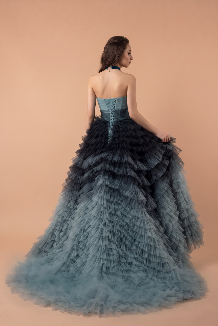 Blue and Grey Layered Tulle Party Dress - Strapless Wedding Dress Plus Size