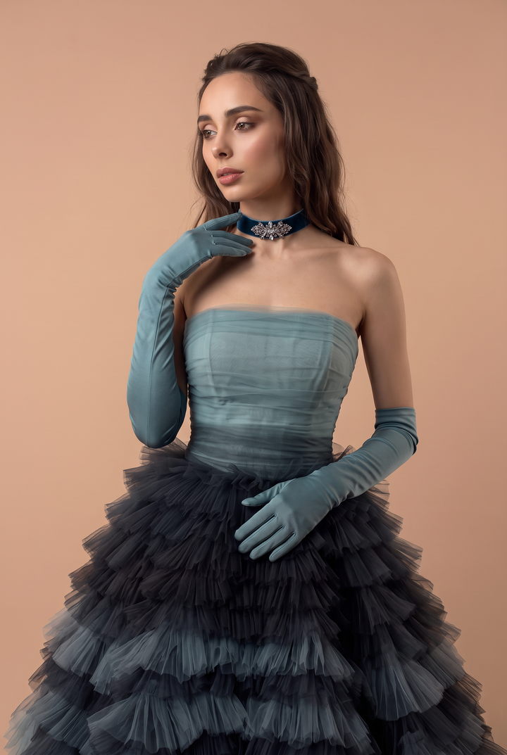 Blue and Grey Layered Tulle Party Dress - Strapless Wedding Dress Plus Size