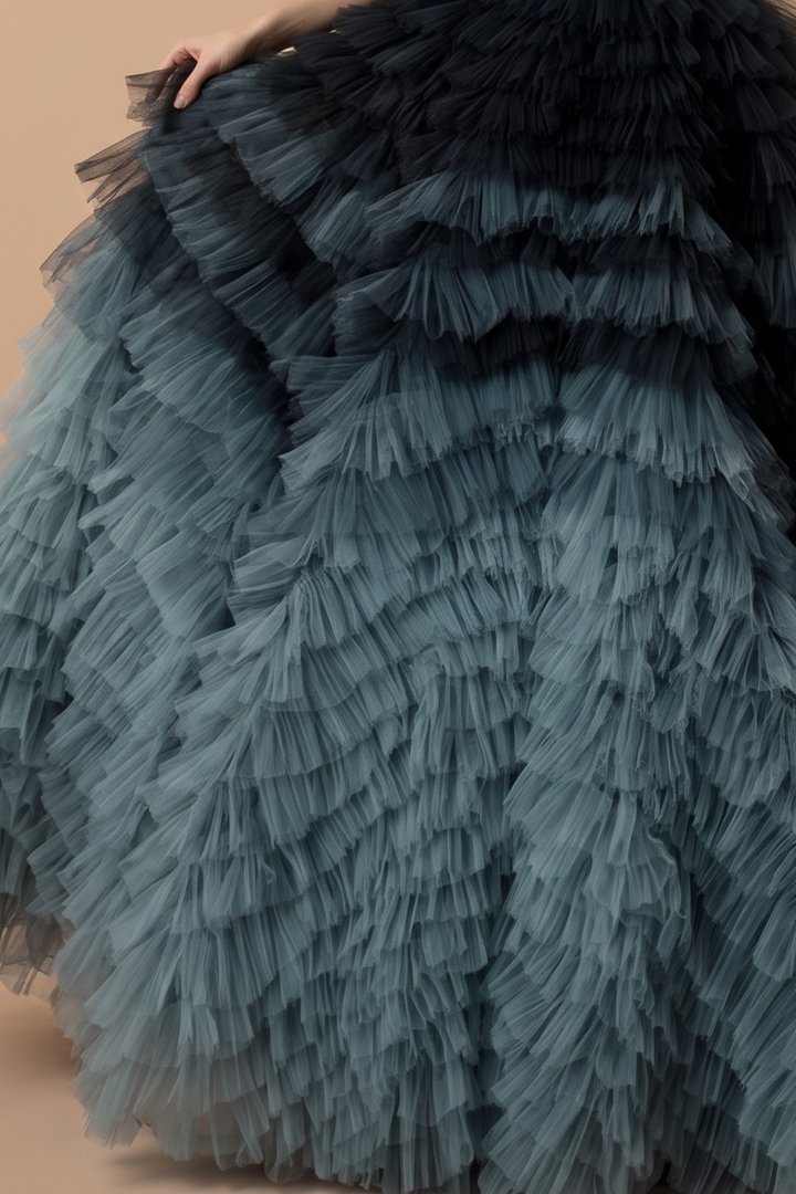Blue and Grey Layered Tulle Party Dress - Strapless Wedding Dress Plus Size
