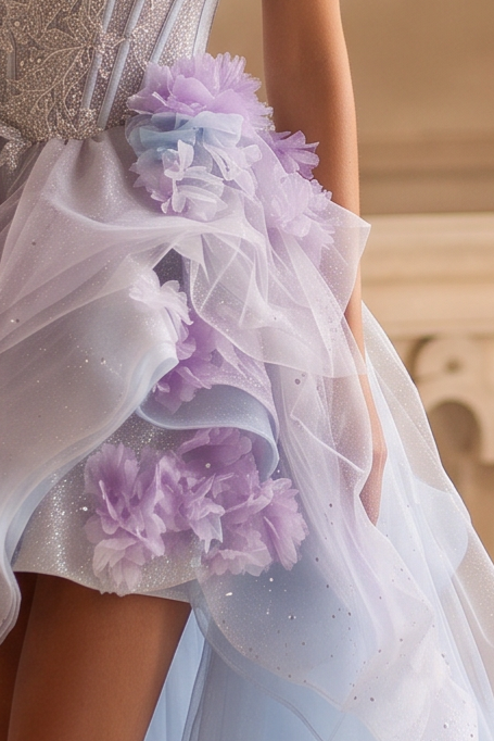 Blue and Purple High Low Dress with Floral Appliqué and Tulle – Strapless Evening Dress with Corset Back Plus Size