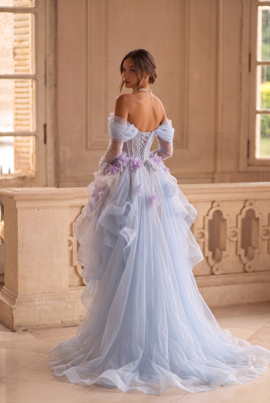 Blue and Purple High Low Dress with Floral Appliqué and Tulle – Strapless Evening Dress with Corset Back Plus Size