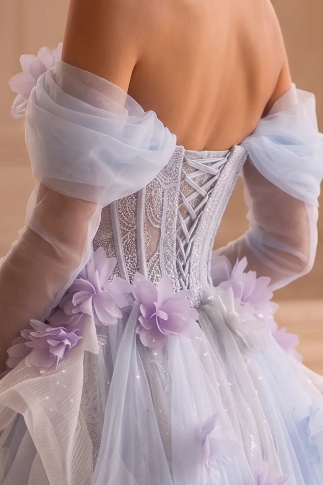 Blue and Purple High Low Dress with Floral Appliqué and Tulle – Strapless Evening Dress with Corset Back Plus Size