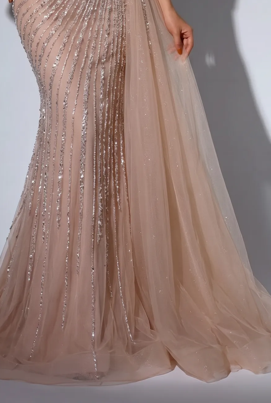 Blush Champagne Mermaid Evening Gown with Off-the-Shoulder Neckline, Draped Overskirt and Beaded Corset – Formal Dress Plus Size