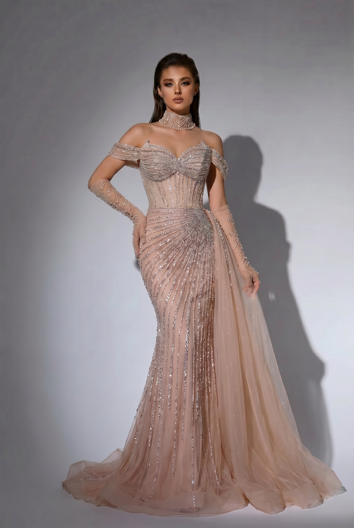 Blush Champagne Mermaid Evening Gown with Off-the-Shoulder Neckline, Draped Overskirt and Beaded Corset – Formal Dress Plus Size