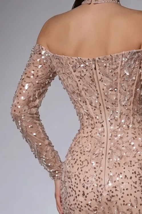 Elegantes Champagner-Abendkleid mit Pailletten und Tüll - Champagner-Kleid für Hochzeitsgäste - Hübsches Paillettenkleid mit langen Ärmeln in Übergröße