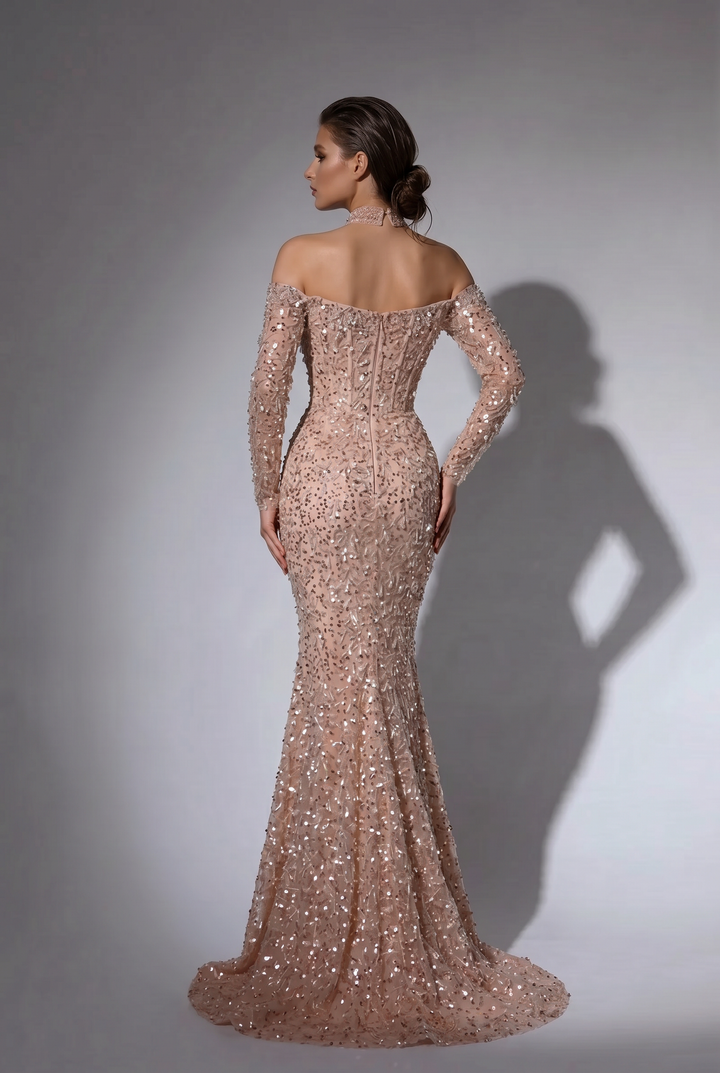 Elegantes Champagner-Abendkleid mit Pailletten und Tüll - Champagner-Kleid für Hochzeitsgäste - Hübsches Paillettenkleid mit langen Ärmeln in Übergröße