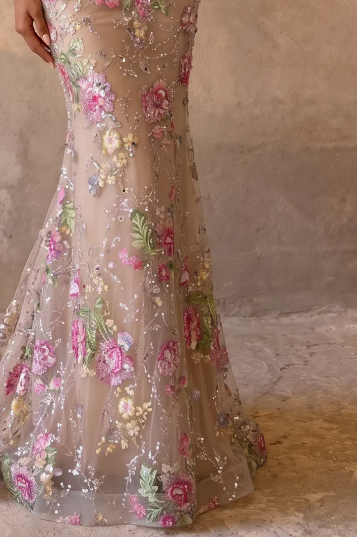 Blush Nude Floral Embroidered High Neck Mermaid Gown with Illusion Sleeves – Botanical Couture Evening Dress Plus Size