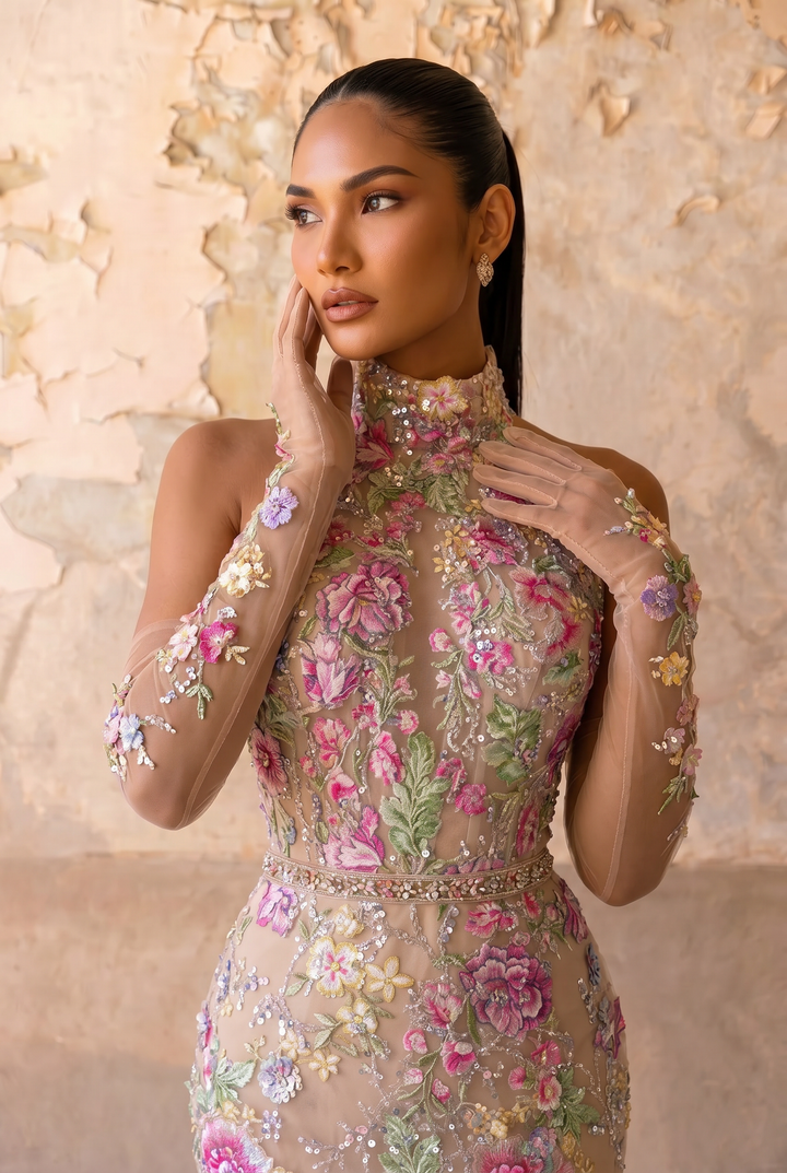 Blush Nude Floral Embroidered High Neck Mermaid Gown with Illusion Sleeves – Botanical Couture Evening Dress Plus Size