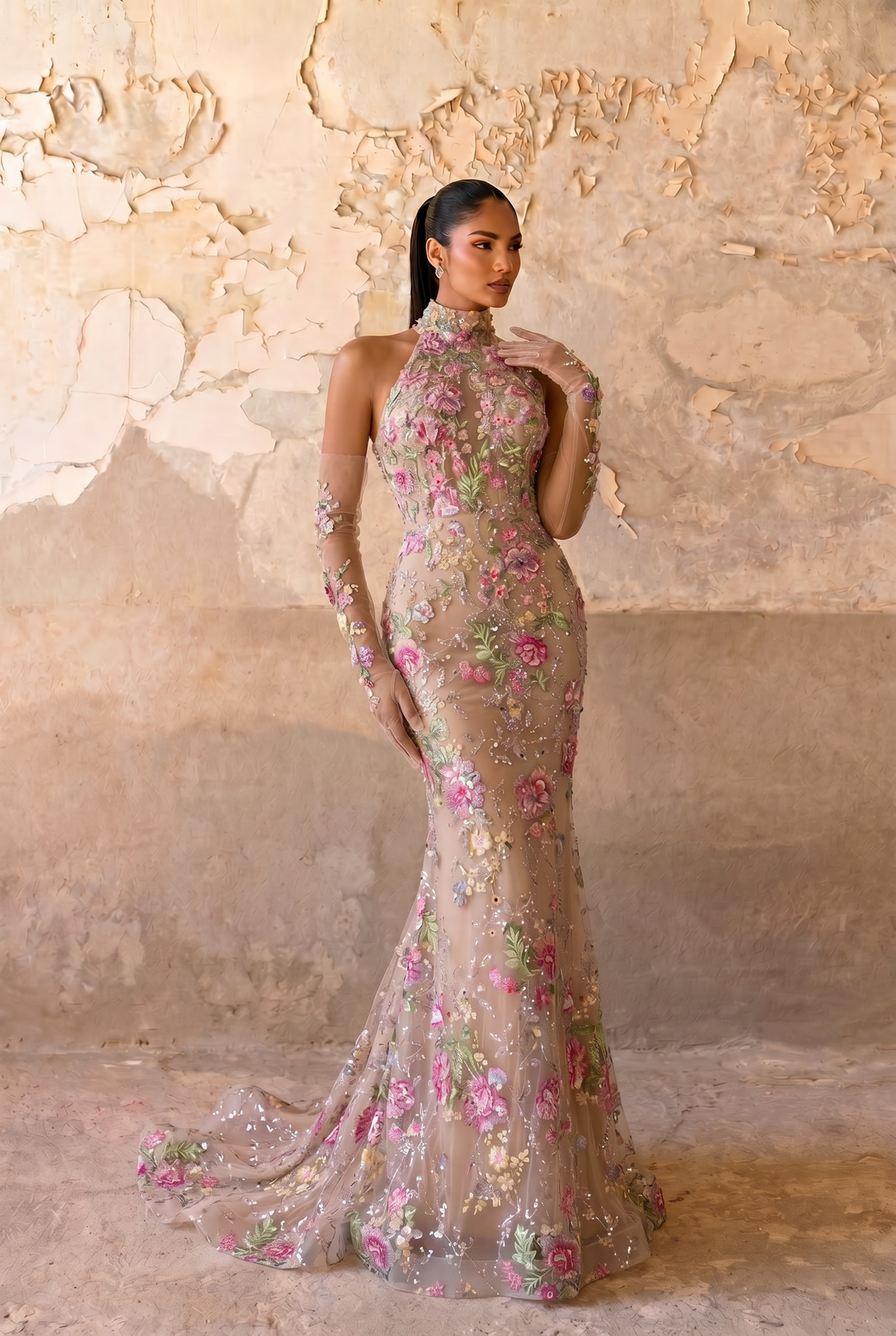 Blush Nude Floral Embroidered High Neck Mermaid Gown with Illusion Sleeves – Botanical Couture Evening Dress Plus Size