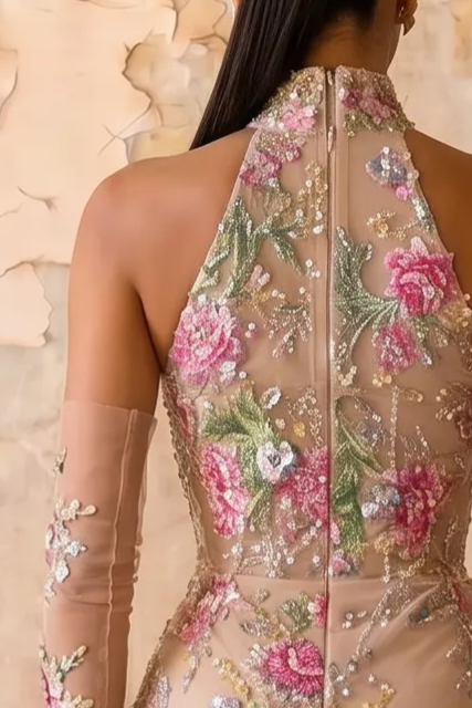 Blush Nude Floral Embroidered High Neck Mermaid Gown with Illusion Sleeves – Botanical Couture Evening Dress Plus Size