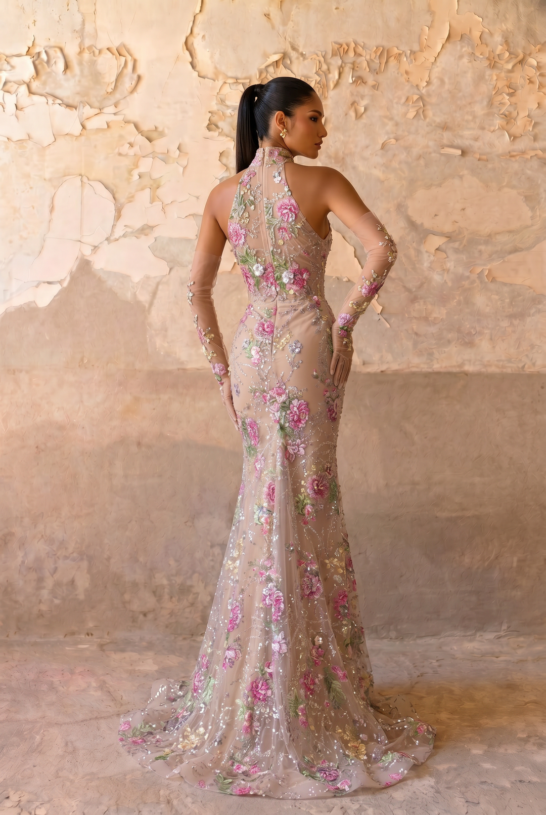 Blush Nude Floral Embroidered High Neck Mermaid Gown with Illusion Sleeves – Botanical Couture Evening Dress Plus Size