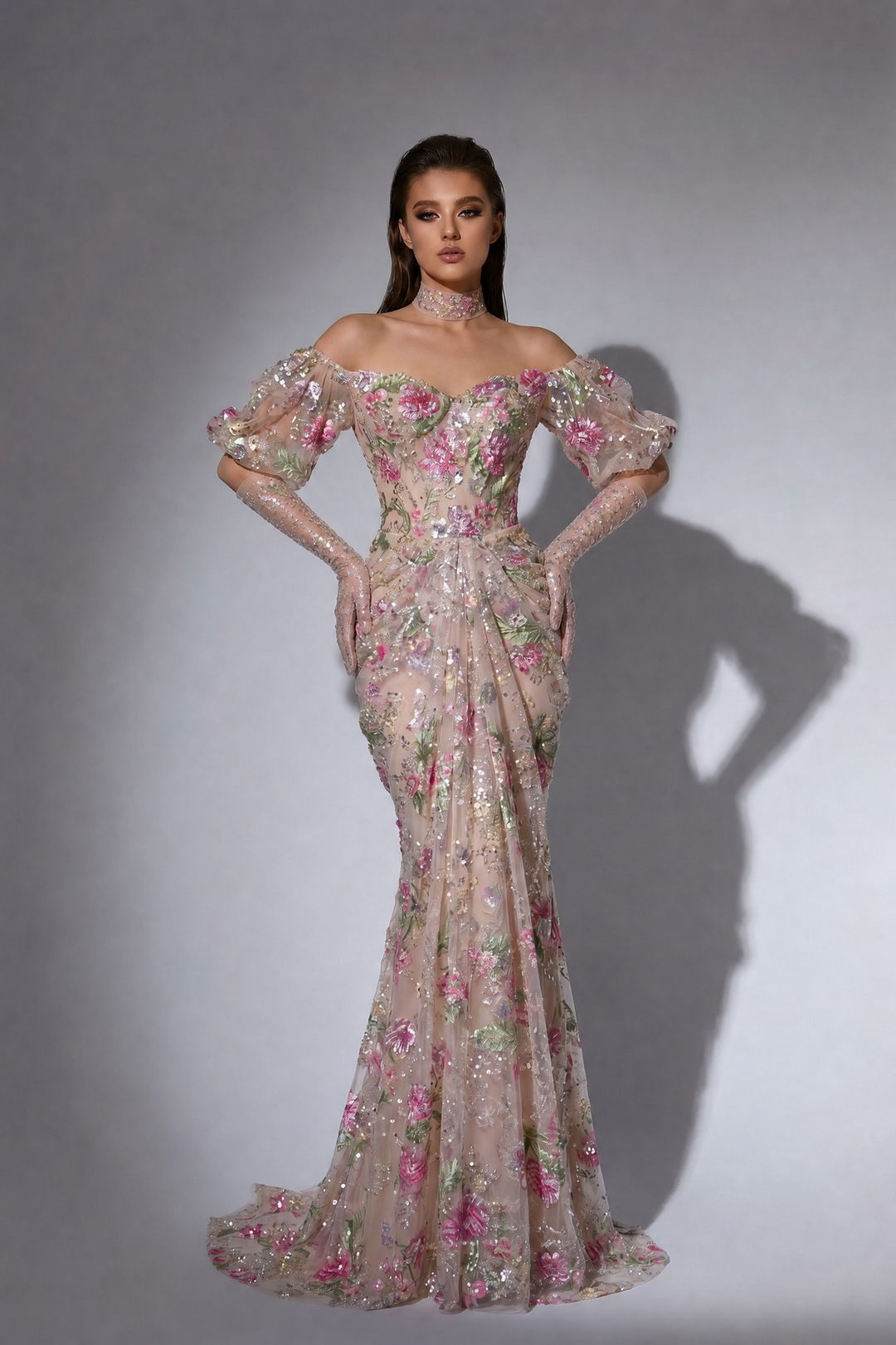 Blush Nude Off-the-Shoulder 3D Floral Embroidered Mermaid Gown with Puff Sleeves – Couture Evening Dress Plus Size