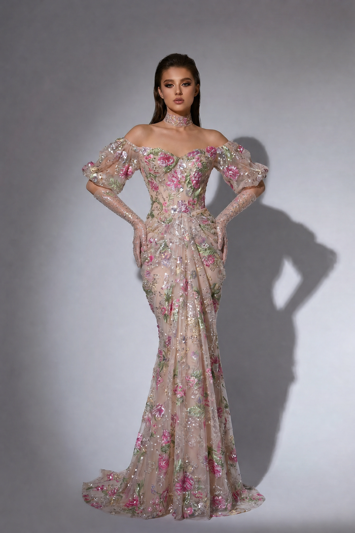 Blush Nude Off-the-Shoulder 3D Floral Embroidered Mermaid Gown with Puff Sleeves – Couture Evening Dress Plus Size